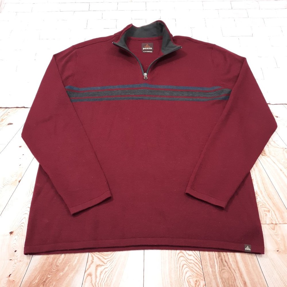 PrAna Wool Blend Sweater Men Size 2XL Red Wine Color 1/4 Zip Outdoor Heavyweight